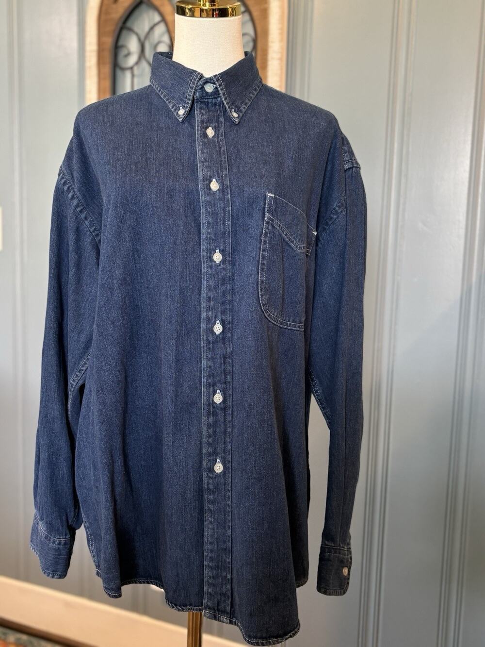 Western Heritage Indigo Mens L Blue Denim Button-Down Long Sleeve Pocket Shirt
